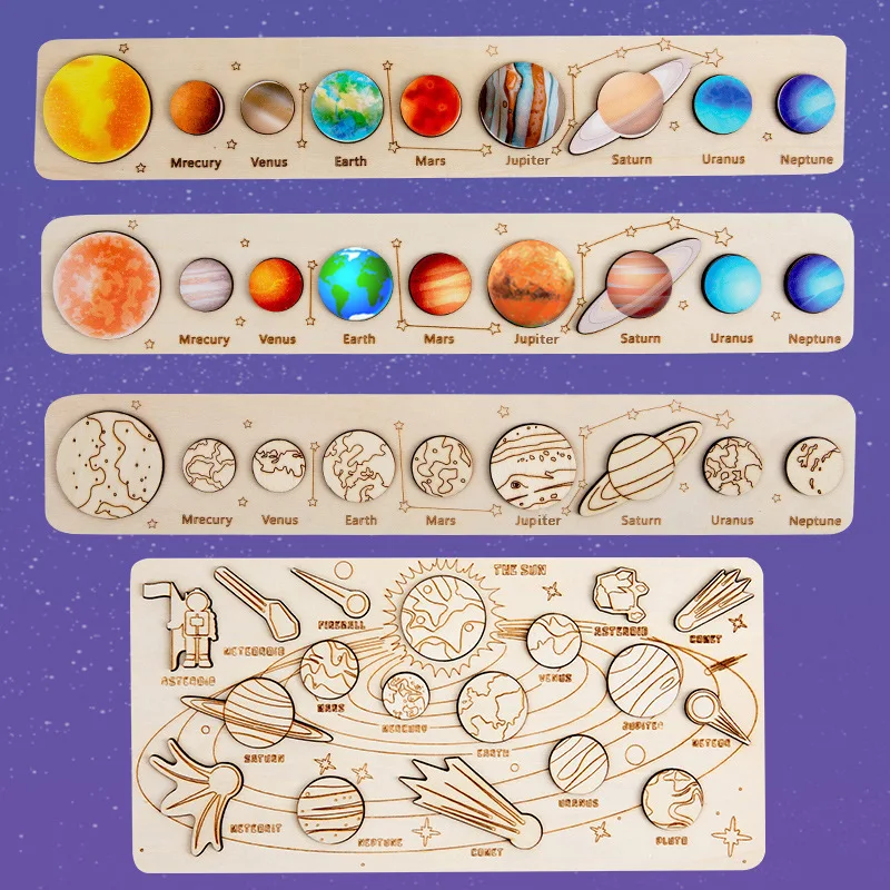 Wooden Educational 8 Planets Puzzle Board Game For Kids Solar System Cognition Learning Toys For Baby