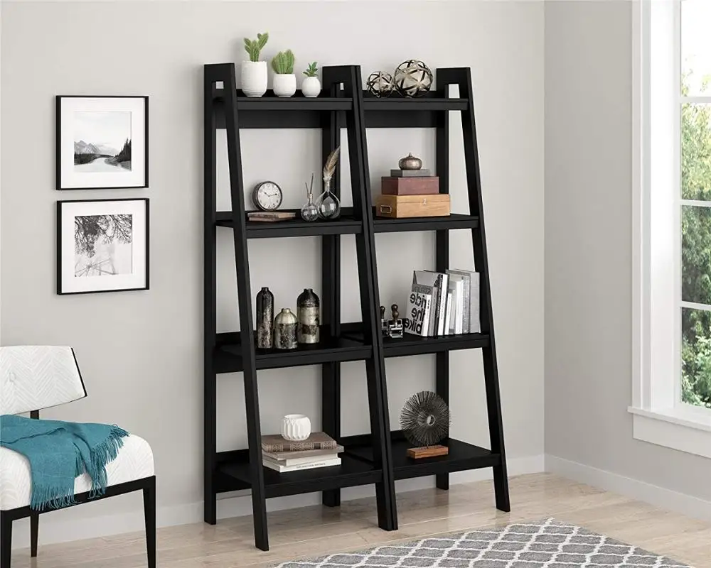 Bamboo Bookshelf Storage Organizer Display Ladder Shelf Black Color