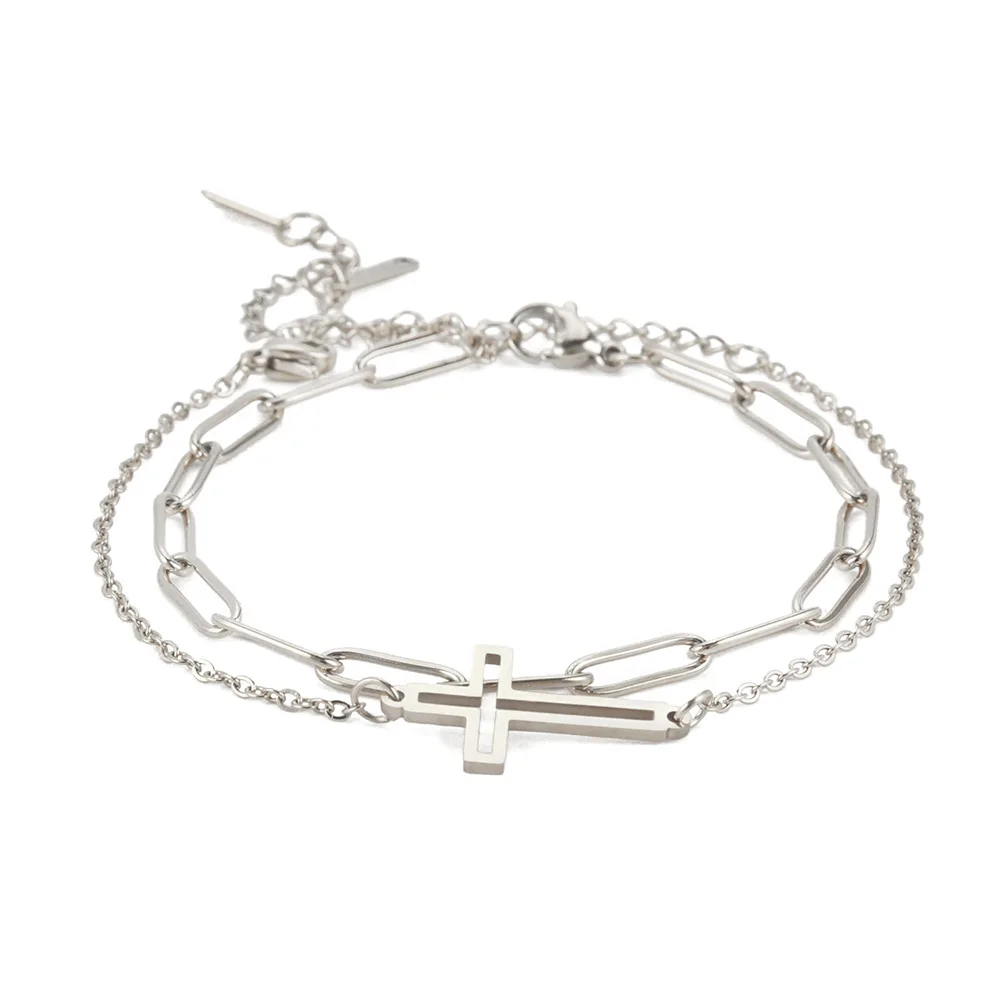 2pcs Double Layer Hollow Cross Hand Bracelet Stainless Steel Gold Color Supernatural Charm Bracelet Women Jewelry