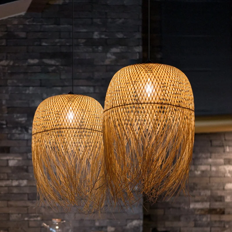 Indonsian rattan seagrass lamp shade bamboo cage wicker weaving ceiling chandelier pendant lighting from zhongshan factory