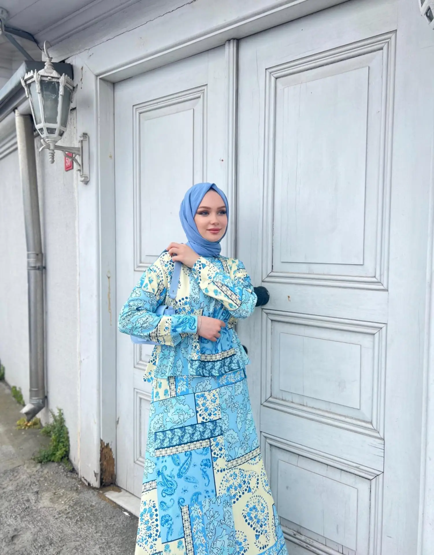 Women Modest Set Abaya Muslim Floral Printed Long Sleeve Blouse Loose Skirt 2 Piece Suit