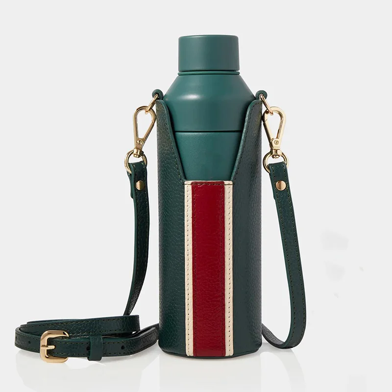 New Luxury Portable Wearable Leather Water Bottle Sleeve Carrier Bag Leather Holder Sleeve With Shoulder Strap