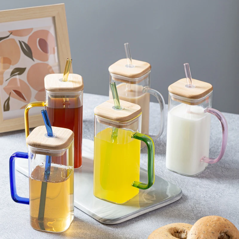 400ml Clear Glassware Drinkware Iced Coffee Tea Mug Water Tumbler Dinking Glasses Jar Square Glass Cup with Lid Straw Handle