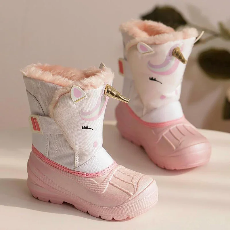 Winter Kids Warm Thick Fur Snow Boots Girls Cute Unicorn Ski Boots Boys Waterproof Anti-slip Boots