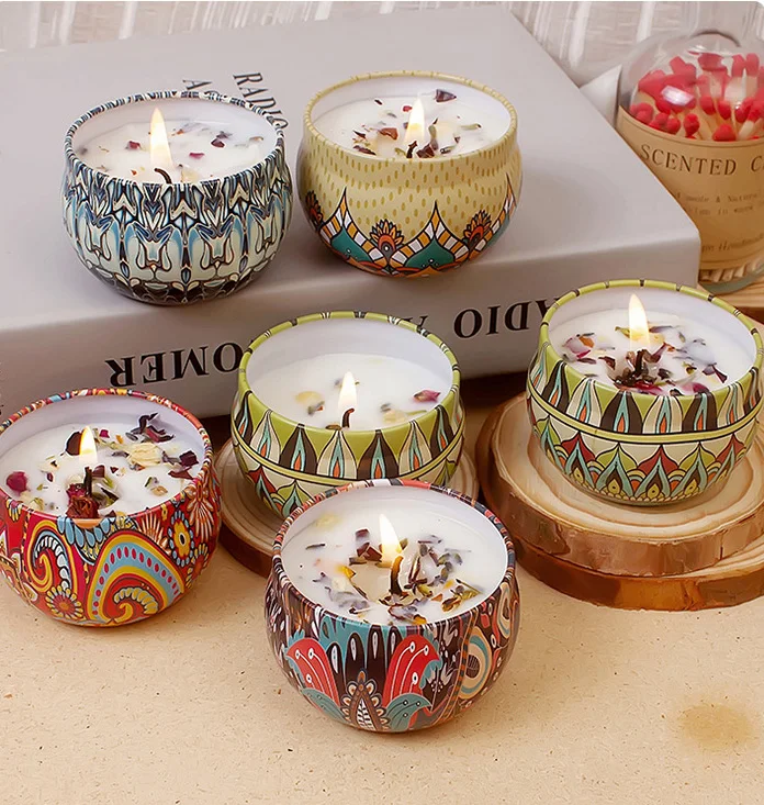 China Competitive Price Small Metal Dry Flowers Luxury Candles Wax Jars Scented Candles For Sale