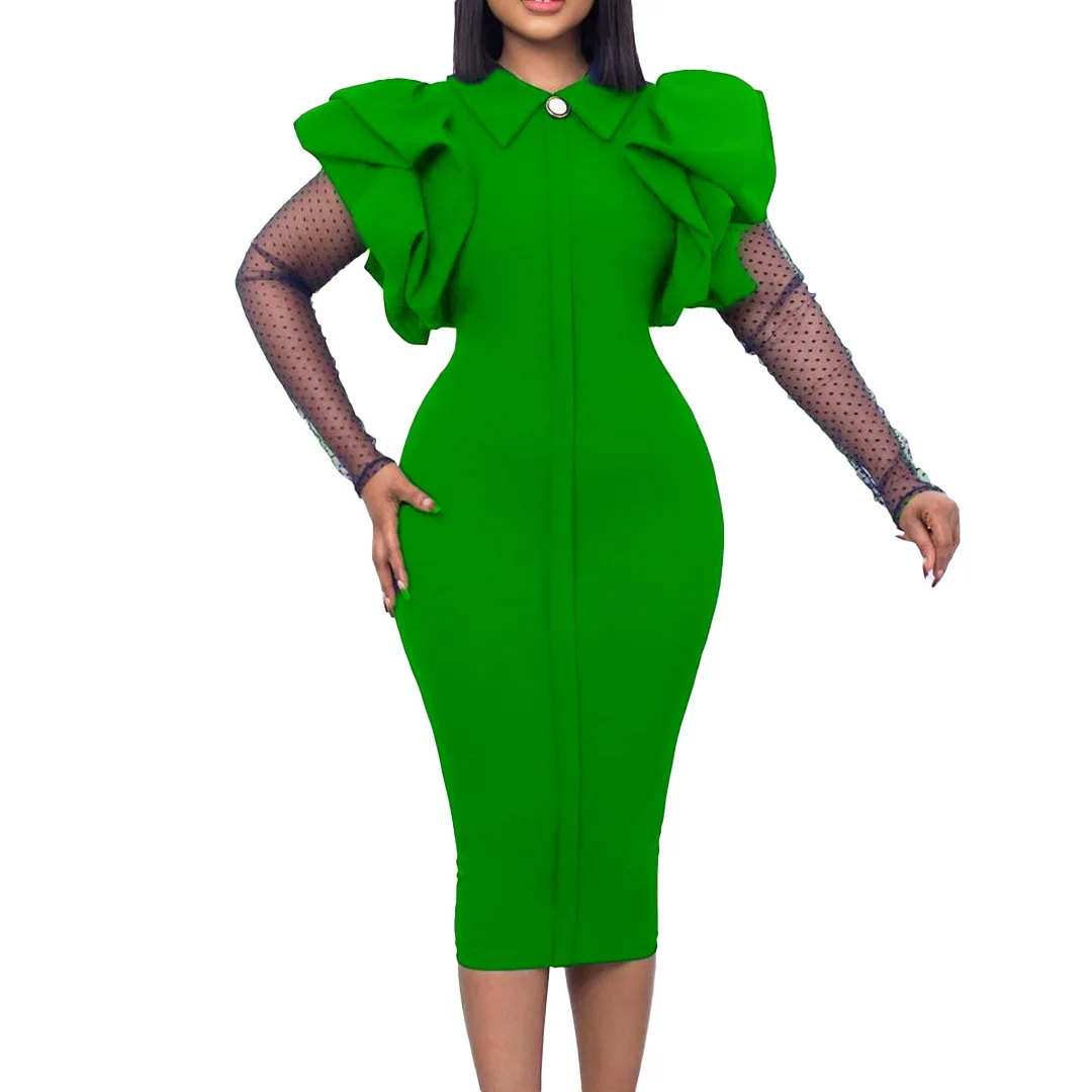 Women Formal New Style Lapel Slim Career Dresses Ruched Mesh Sleeves Elegant Ladies Office Plus Size Pleated Pencil Dress