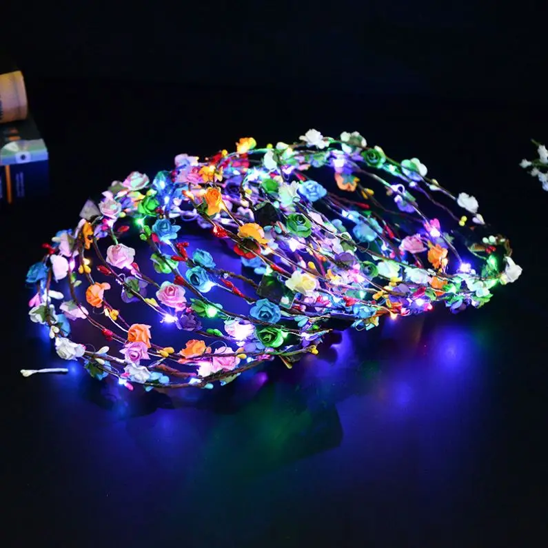 A Colorful Christmas Party Glowing Wreath Halloween Crown Flower Headband Women Girls LED Light Up Hair Wreath Hairband Garlands