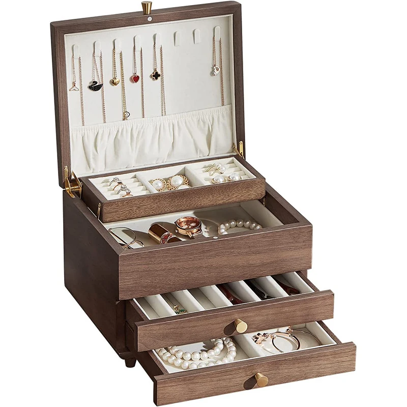 Шкатулка для ювелирных изделий Женская трехуровневая, деревянная коробка из ракушек и черного ореха, винтажный праздничный подарок, органайзер для хранения ожерелий и колец