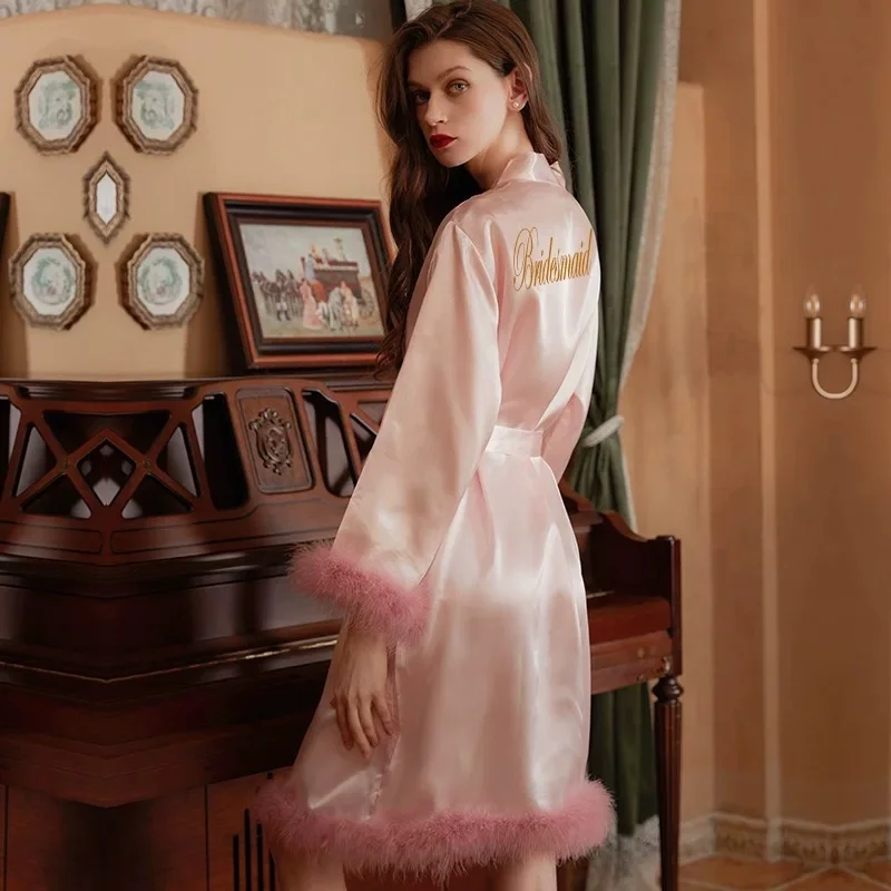 Wedding Bride Robe Dressing Gown Sexy Bridesmaid Bathrobe Nightgown Satin Short Sleepwear Fashion Solid Color Kimono With Fur