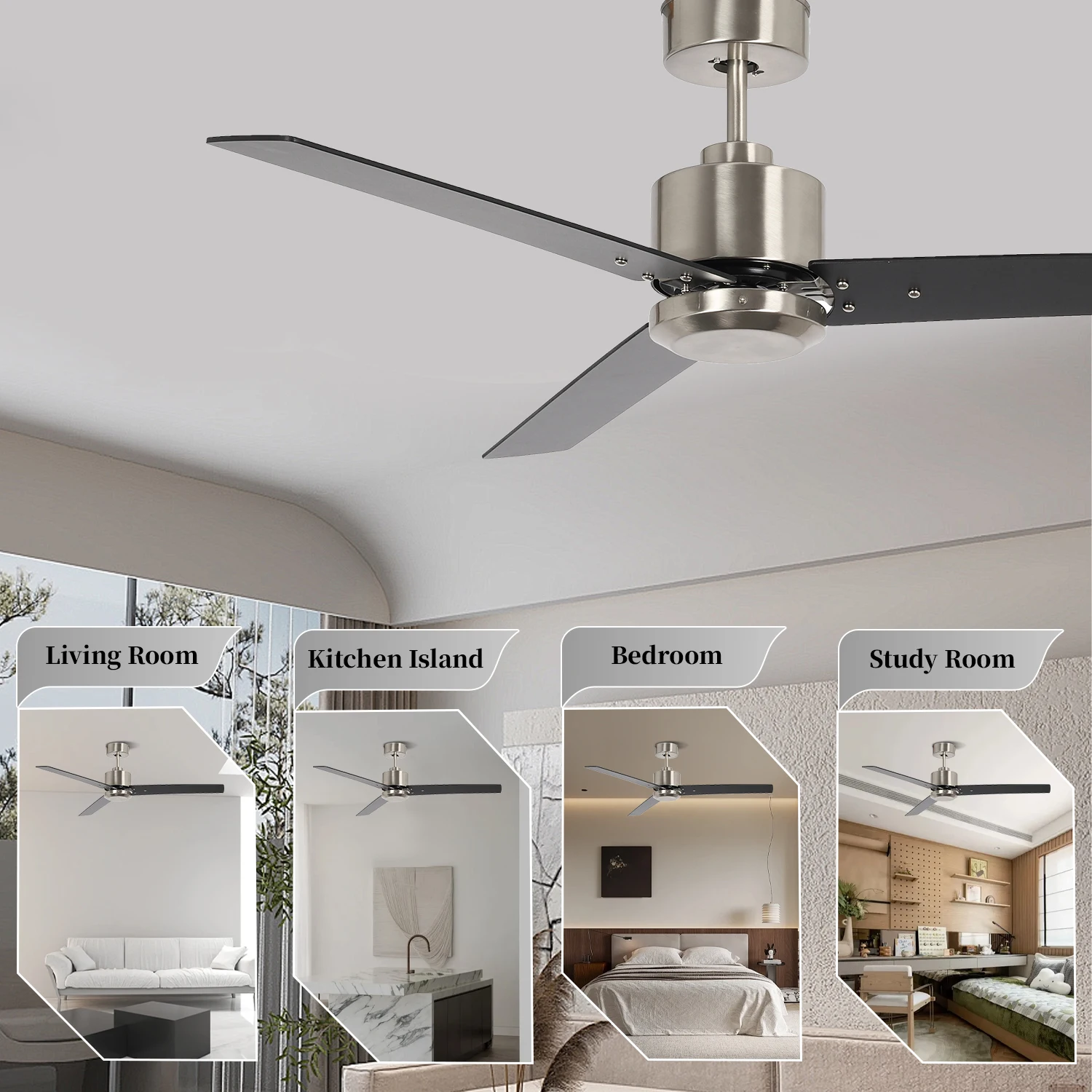 Most Popular 52 Inch Plywood 3 Black Blade High Speed Home  Modern Decorative Stainless Steel Ceiling Fan