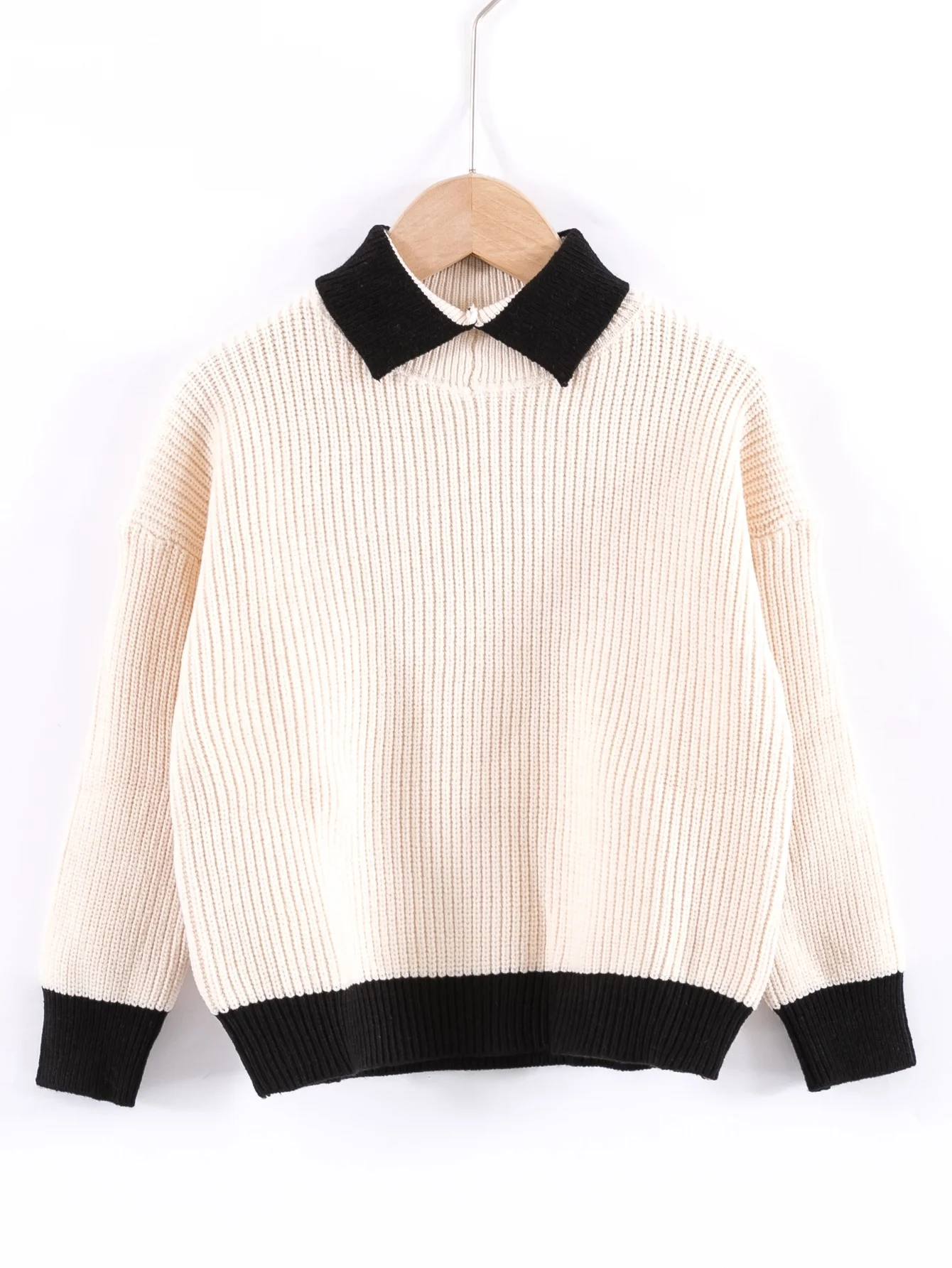 
Wholesale Baby Clothes Toddler Boys Ribbed Knit Contrast Collar Oversized Drop Shoulder Distressed Cashmere Boys Sweaters 