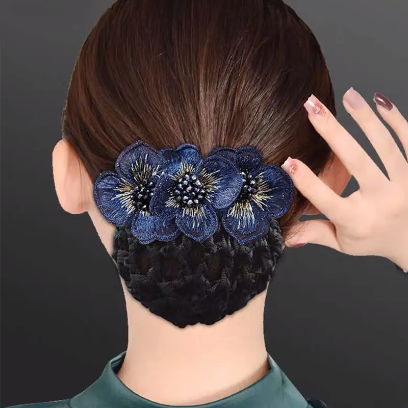 Trendy Ribbon Flower Hairgrips Crystal Crochet Bun Net Bow Hair Clips Bow Hair Net Hair Bun Nurses Office Lady Barrette