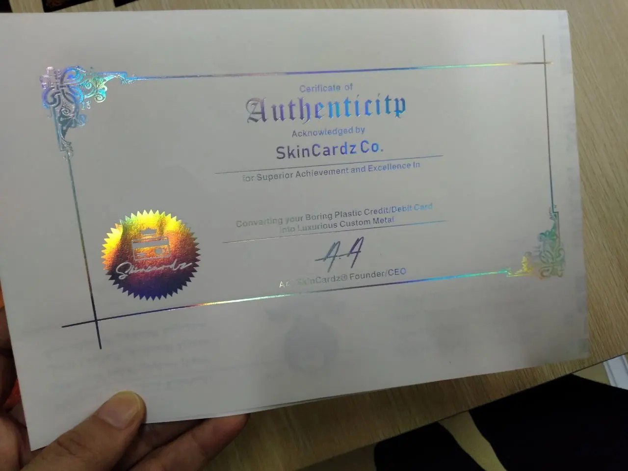 GOLD/SILVER hot stamping foil authentic original paper card certificate