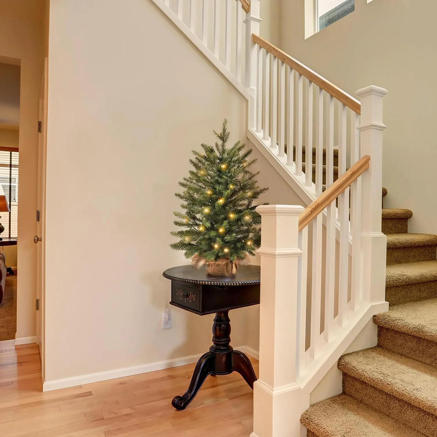 Mini Christmas Trees with 25 LED Lights 2 ft Decorated Burlap Artificial Tabletop Christmas Trees Home Party Decoration