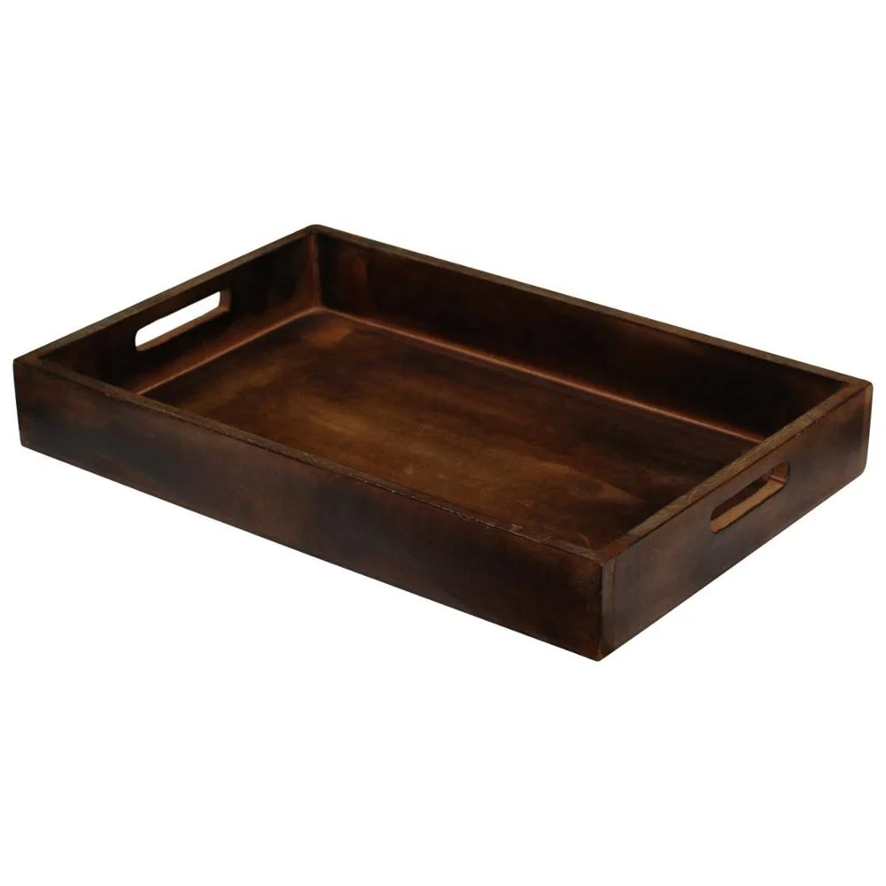 
Wooden Serving Handles-17 x 11 Inches Large Decorative Vintage Look Service Tea, Coffee, Breakfast Trays, Dark Brown 