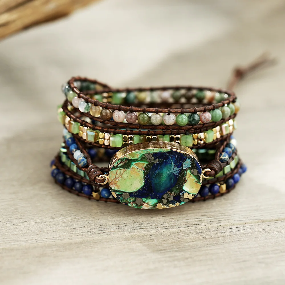 Vintage Boho Bracelet Handmade 5 Layers Bohemian Leather Wrap Stone Bracelet Bijoux Imperial Pine Braided Beaded Bracelet