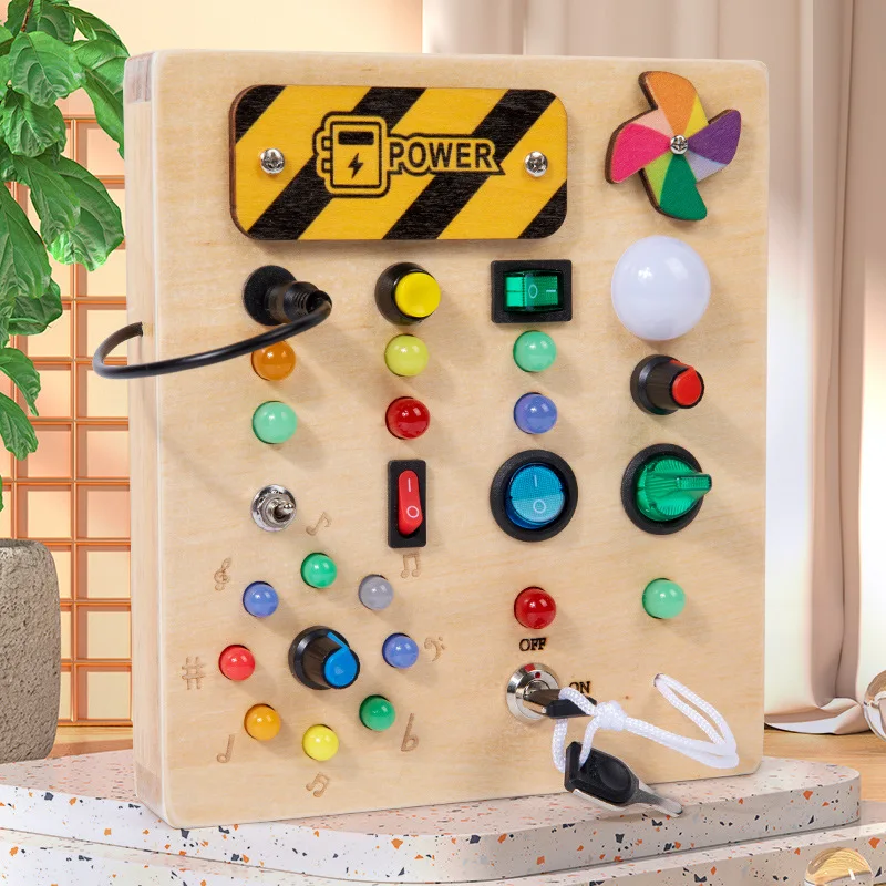 High Quality Electronic Led Light Switch Wooden Educational Toy Kids Busy Board Montessori Toys for Toddler