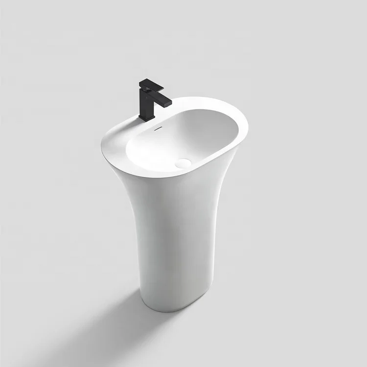 resin composite cast stone floor standing pedestal sink black, bathroom hand washing basin solid surface freestanding washbasin