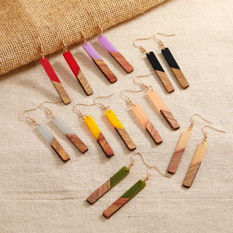 Orecchini in resina Wood Splicing Resin Earrings Wholesale Hawaiian Colorful Rectangle Pendant Earring For Women