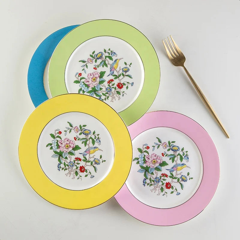 European bone china dish plate flower and bird pattern plate 8 /10 inch snack plate porcelain breakfast disc