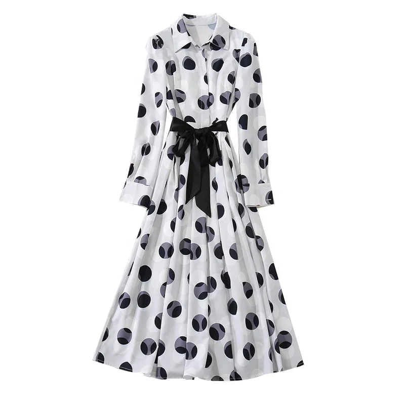 Spot Wholesale Summer New Large Polka Dot Printed Shirt Plus Size Skirt Lace Lapel Large Swing Mid-length Casual Dress