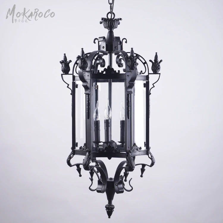 Black gram color vintage American hexagonal glass chandelier Roman Gothic courtyard chandelier