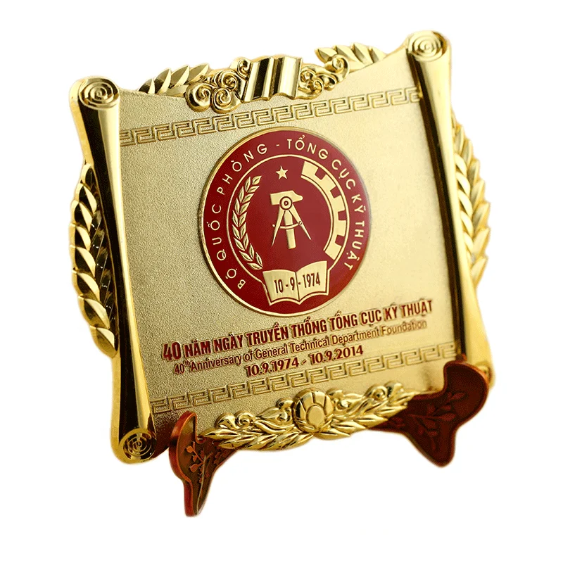 Vietnam decorative square shape souvenir honor gold plated metal plate with box