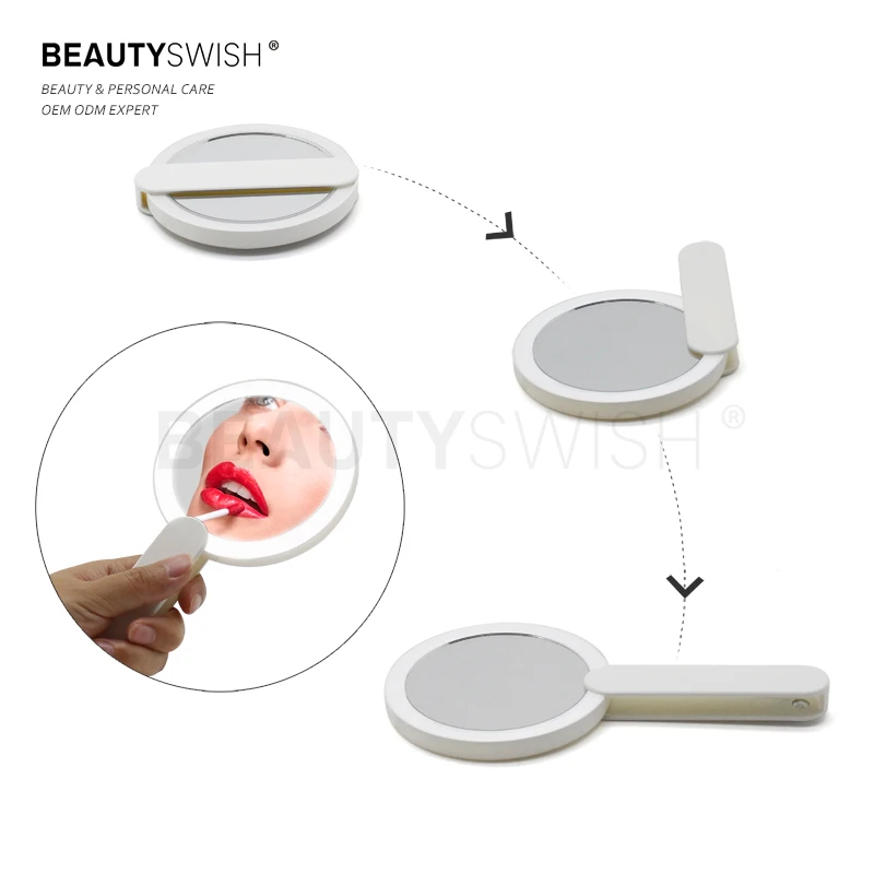 Usb Rechargeable Travel Portable Plastic Round Hand Held Mirror Small Cosmetic Pocket Mini Vanity Lighted Led Makeup Mirror