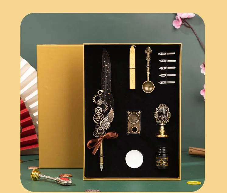 European retro wing set goose feather quill set sprinkled gold multi-purpose dip pen pen set handy gift