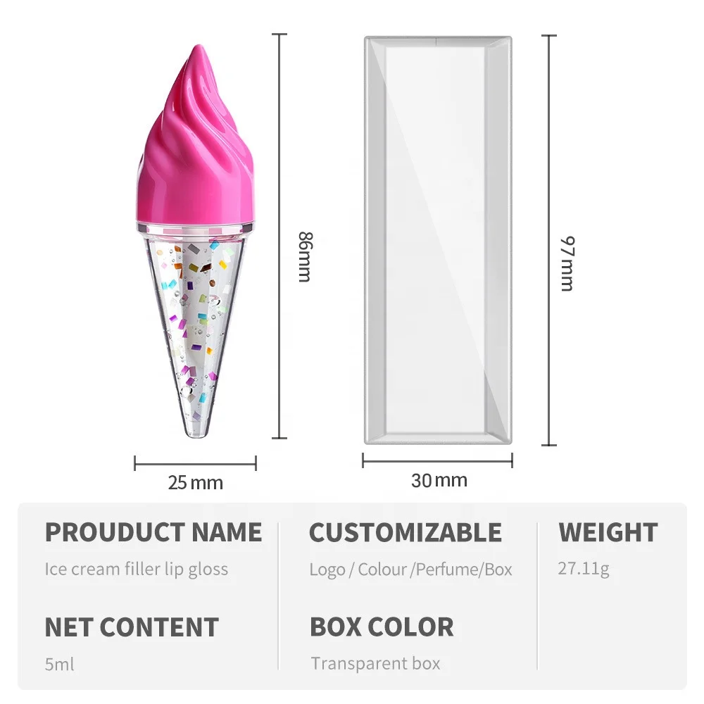 Plump Nourishing Lip Oil Candy Filler Lip Gloss Ice Cream Shape Lip Oil Clear Neutral Makeup Supply Customized Wholesale