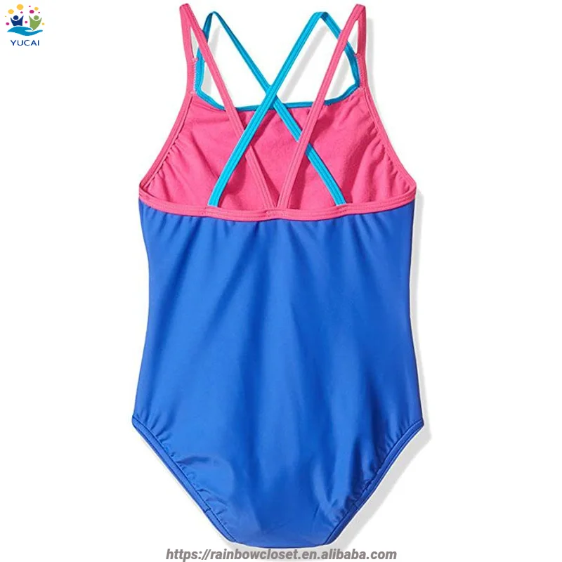 2023  Hot Selling Girls One Piece Contrast Color  Cross Back Multi Straps Nylon Kids Swimwear