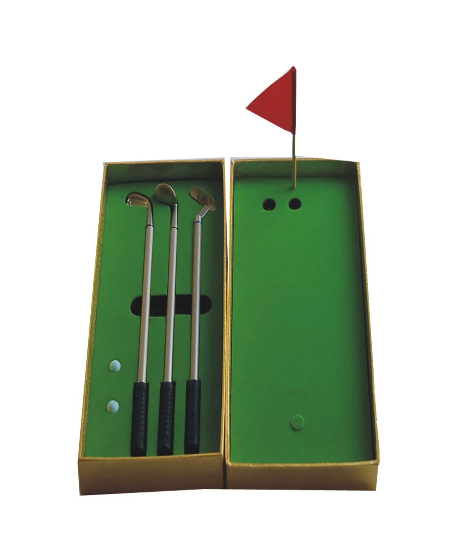 Promotional Mini Metal Golf Court Pen Gift Sets 3 Golf Club Pens 2 Mini Balls 1 Flag
