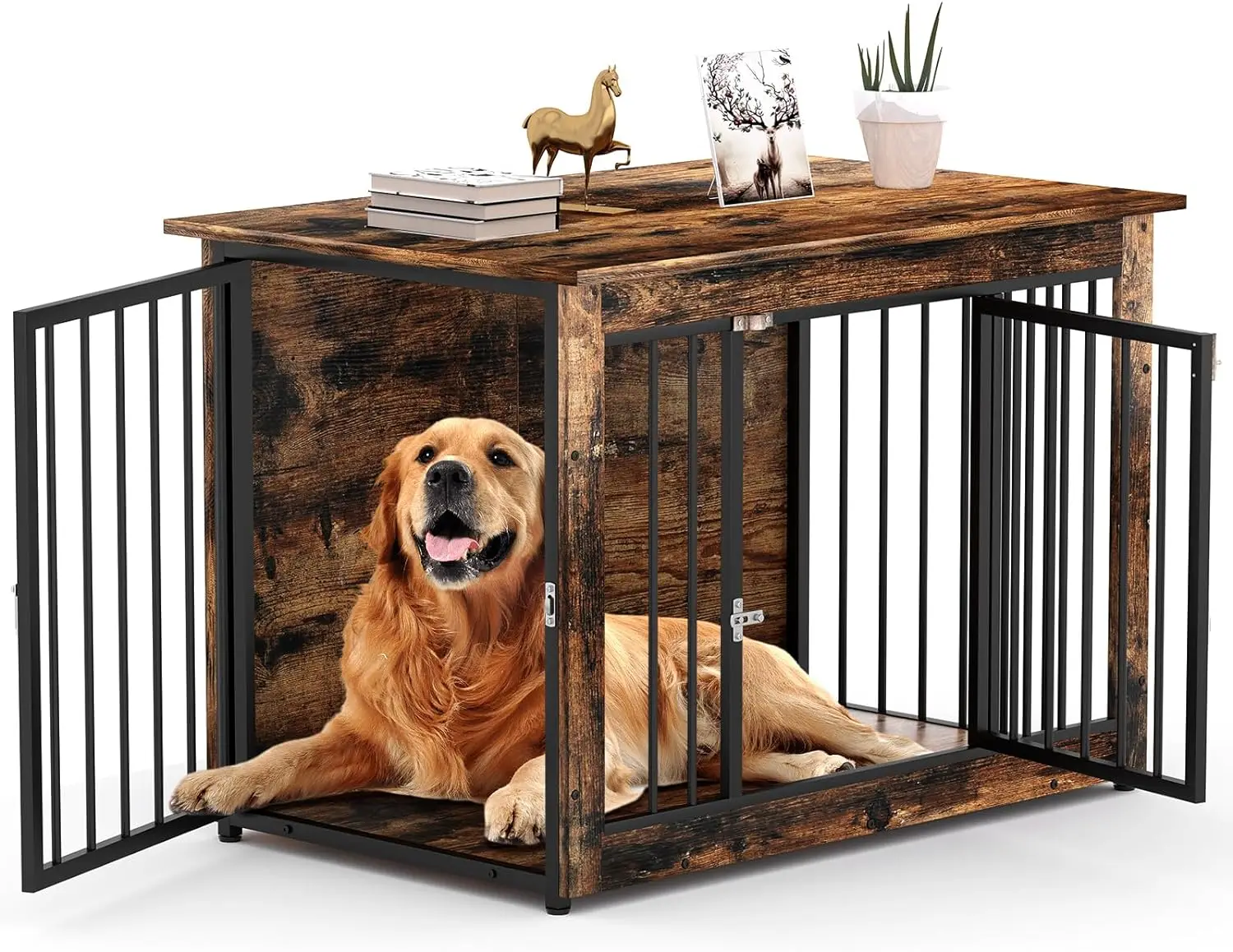 Wholesale Heavy Kennel Duty Furniture Style wooden Dog Cage For Large Dogs Adjustable Indoor Double-Doors Dog House