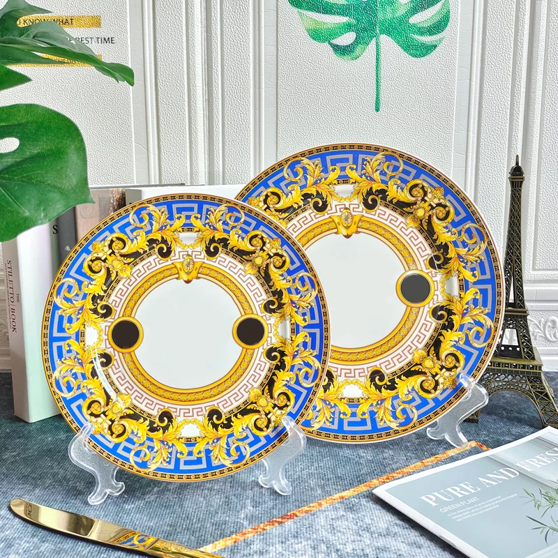 Western Dinner Plate 10inch And 8inch Steak Flat Tray Bone China Dinnerware Set Golden Edge Luxurious Tableware