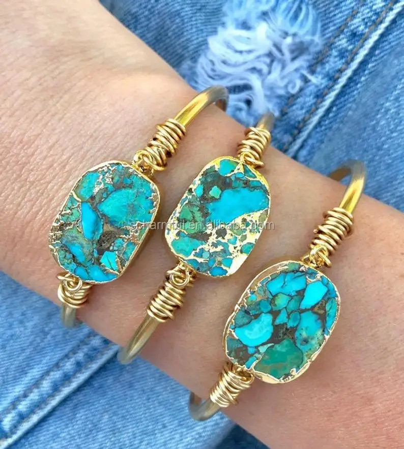 BS190925 Boho Chic IMPERIAL Jasper Stone Gold Plated Cuff Bangle