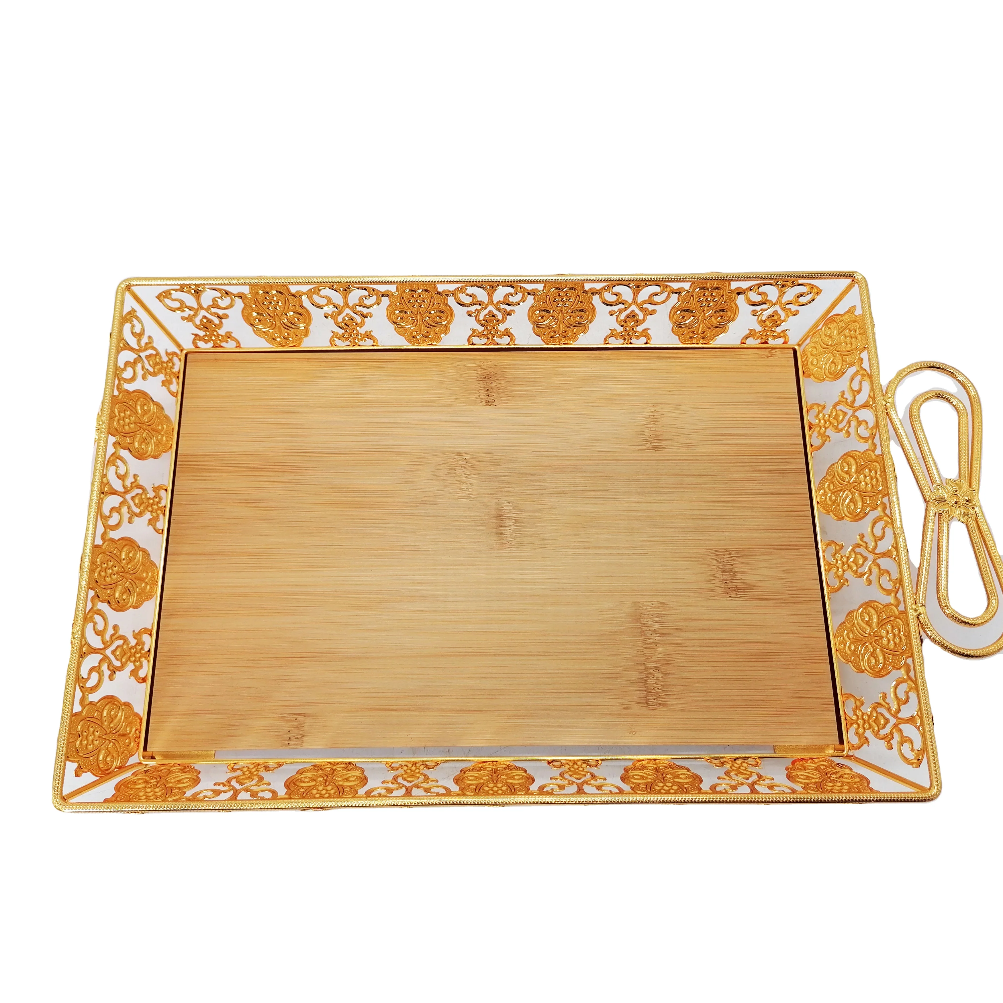 Chinese factory wholesale creative golden pattern bow handle design brown wooden serving tray modern outdoor wood food tray