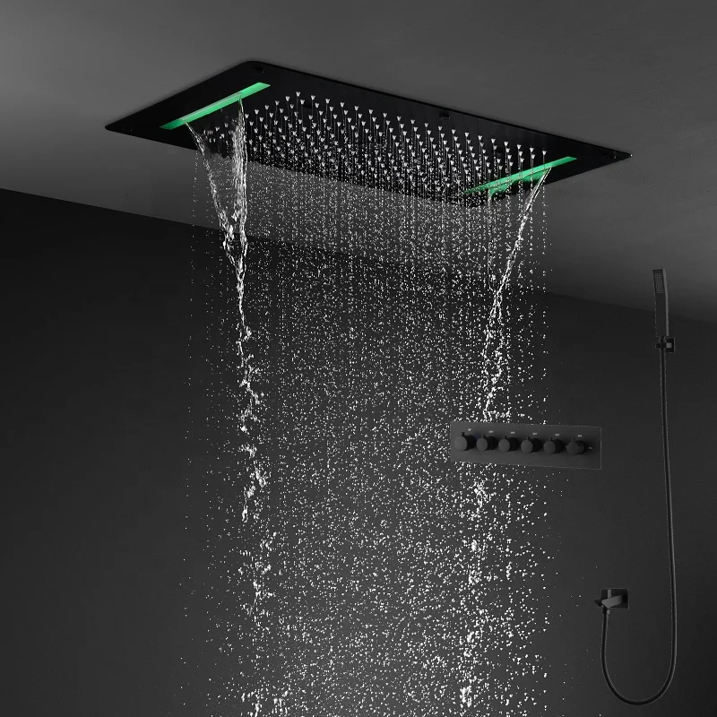 Bathroom Luxury Multi-function LED Large Size 380*700 mm Shower Head Matte Black Thermostatic Embedded Ceiling Shower Faucet Set
