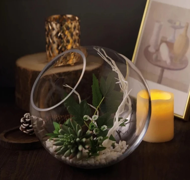 Customized Slant Cut Round Clear Sphere Vase Hobnail Glass Bubble Vase Table Top Candle Holder