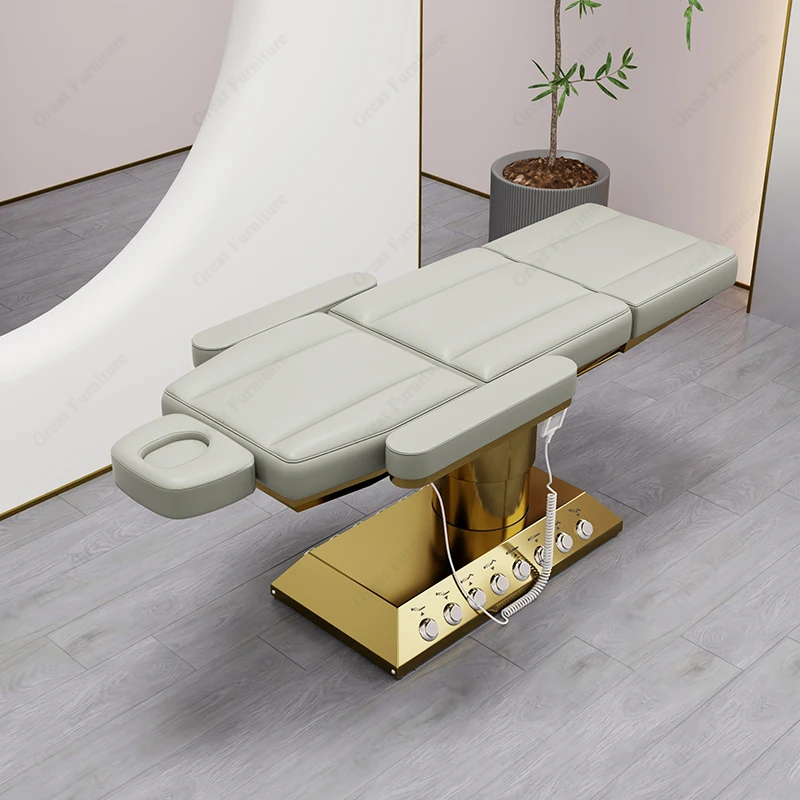 Modern salon furniture grey beauty spa bed 4 motors electric massage table gold base professional spa bed for sales