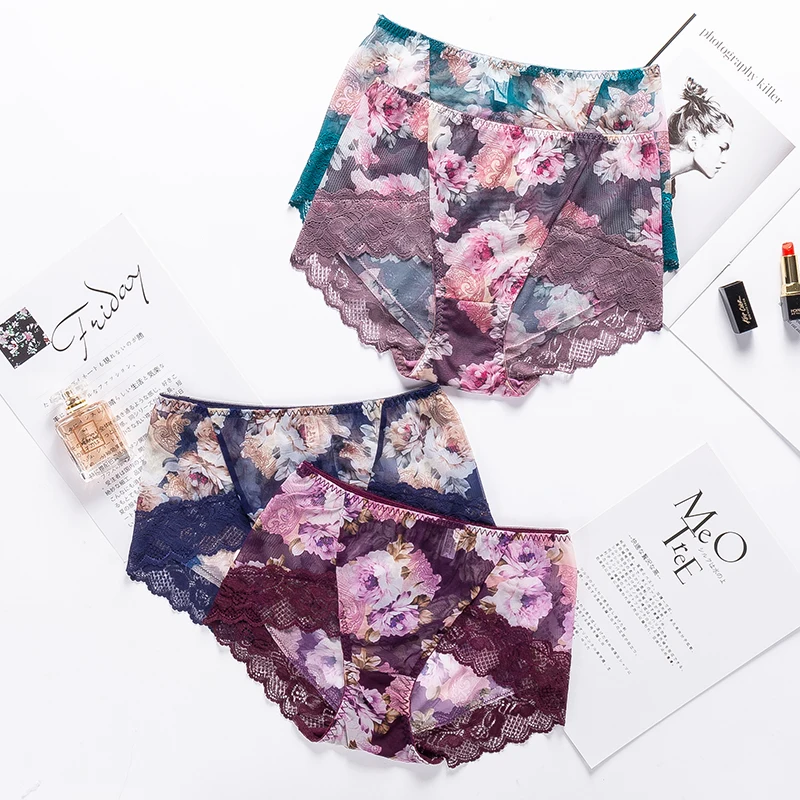 
New Design Printing Mid Waist Lace Underwear Panties Comfortable Women Breathable Net Panty For Ladies 