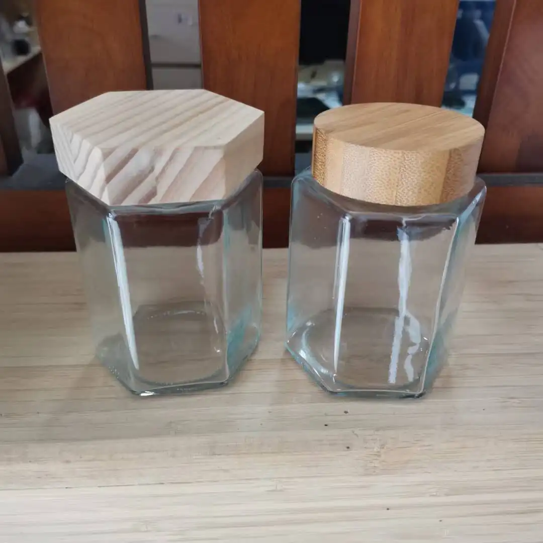 hexagon glass honey jar with wooden lid