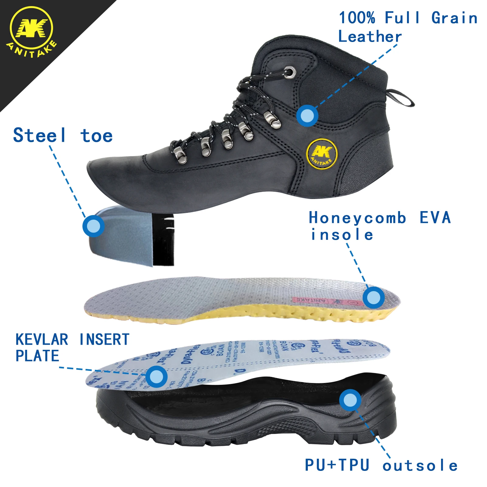 ANITAKE AK-963 Steel Toe work boots safety shoes Puncture proof Anti-slip comfortable safety leather boots