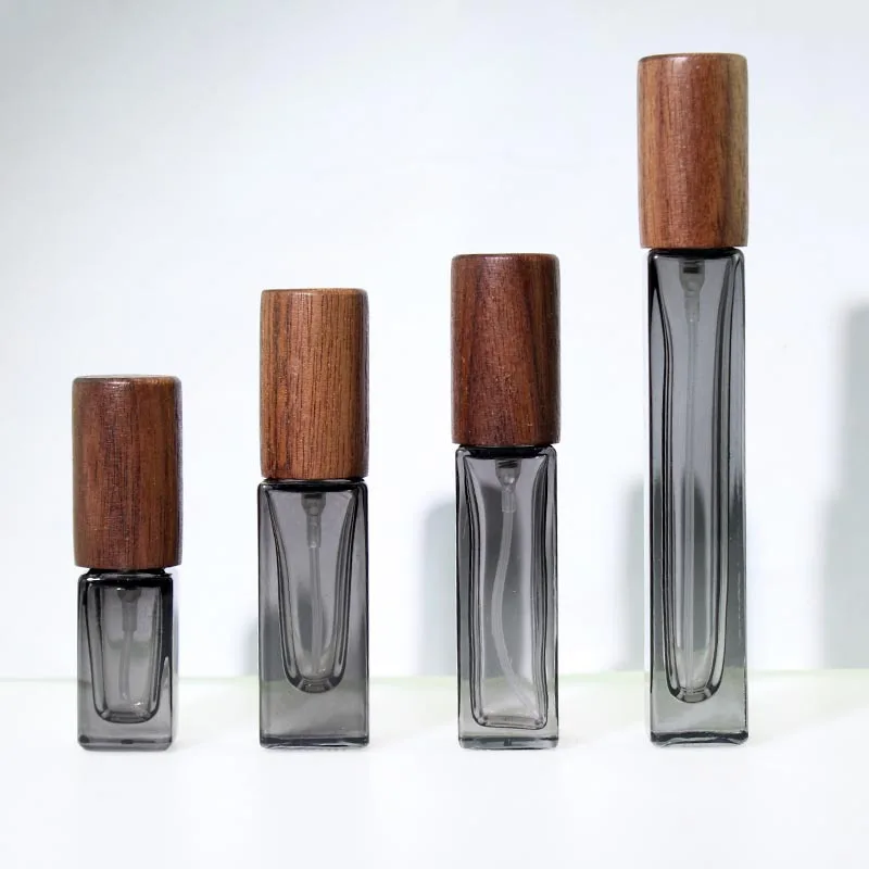 Sale 3ml 5ml 10ml Gradient Luxury Perfume Bottle Square Essential Oil Travel Bottle With Wooden Cap Empty Spray Glass Bottle