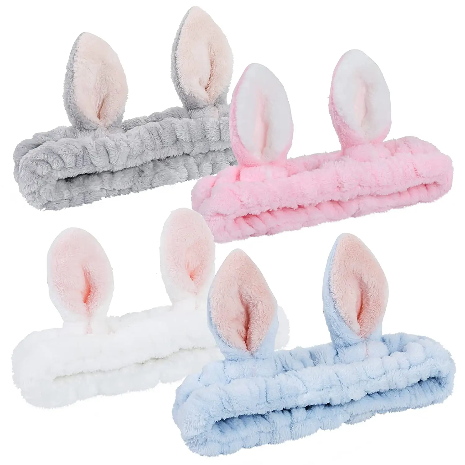 Elastic Makeup Headbands for Girls Women Lovely Bunny Ears Headbands Coral Fleece for Washing Face Head Wraps