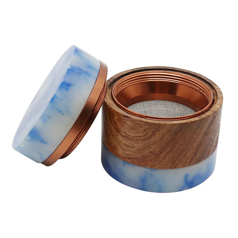 New wood grinders herb 61mm four-layer creative color matching blue and white herb grinder