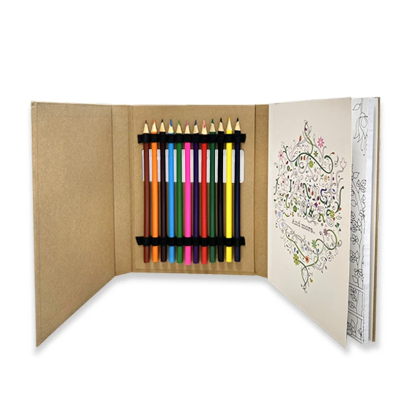 ECO FRIENDLY PROMOTIONAL KRAFT PAPER COLORING BOOK WITH 12 COLORED PENCILS KIDS DRAWING NOTEPAD DRAWING ART SET STATIONERY SET