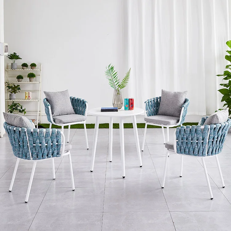 Outdoor Metal Restaurant Rope Patio Cafe Garden 5 Pieces Dining White Round Table Set