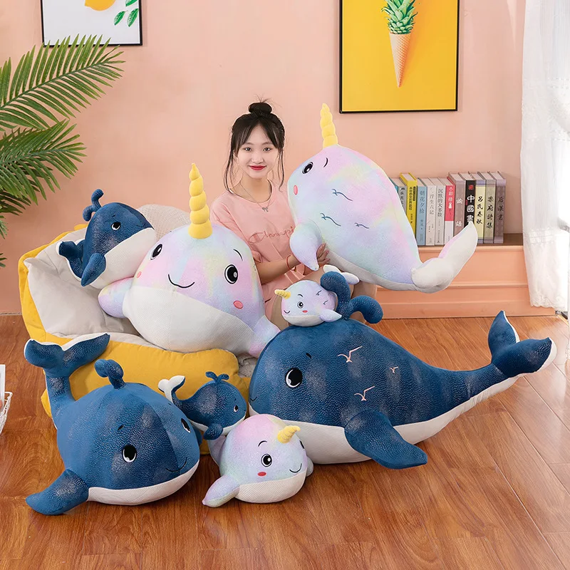 Wholesale Big Cute Cartoon Unicorn Blue Whale Plush Toy Dolphin Doll Bed Pillow Aquarium Birthday Gift For kids
