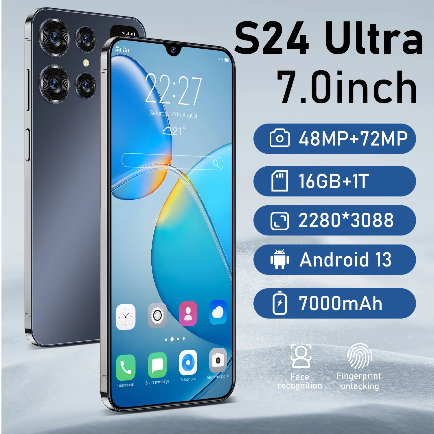 Смартфон S24 + Ультра 16 ГБ 1 ТБ с Wi-Fi 7 дюймов разблокированный телефон двумя SIM-картами 5G Android 13.0AI смартфон