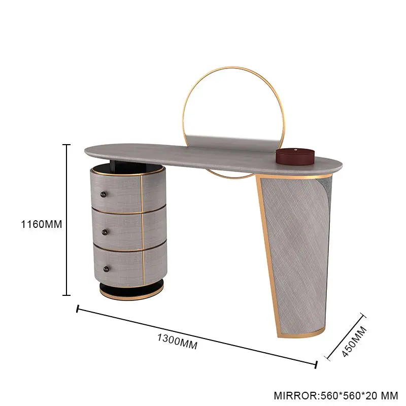 Italian Style Irregular Shape Leg Gray Dressing Table With Round Mirror And Large Storage Bedroom Furniture Set Dresser Table